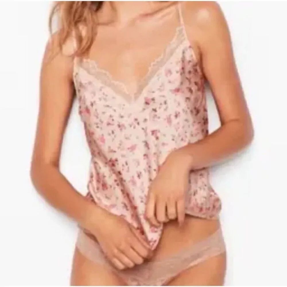 victorias secret satin floral pink cami tank lace shorts pajama set Medium